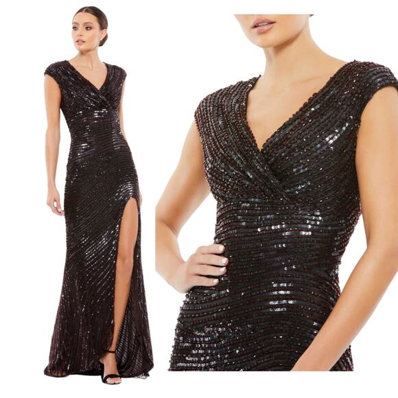 Mac Duggal 5441 Brown 8 Cap Sleeve Sequined Evening Gown Beaded Dress Maxi Slit - Picture 1 of 8